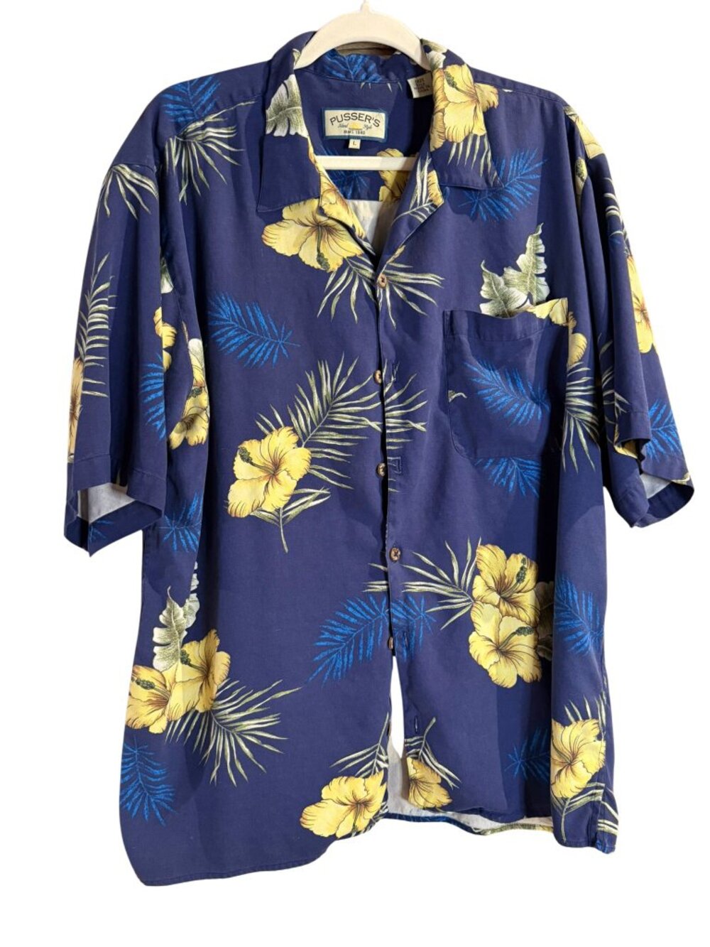 Pusser’s Island Style 100% Silk Tropical Hawaiian Shirt Navy L